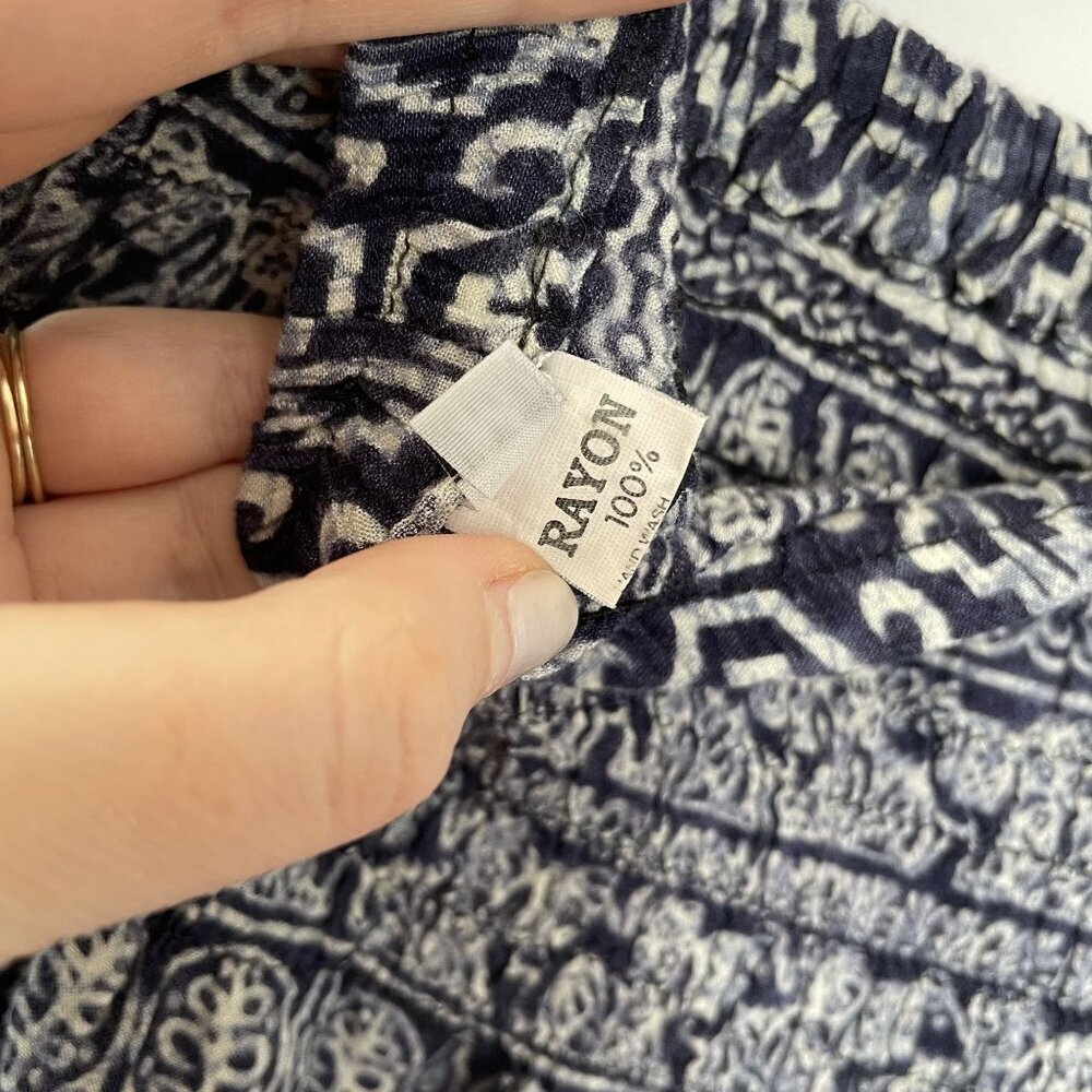 Bohemian Elephant Print Rayon Pants With Elastic Waist & Pockets Navy & White M - Picture 5 of 7